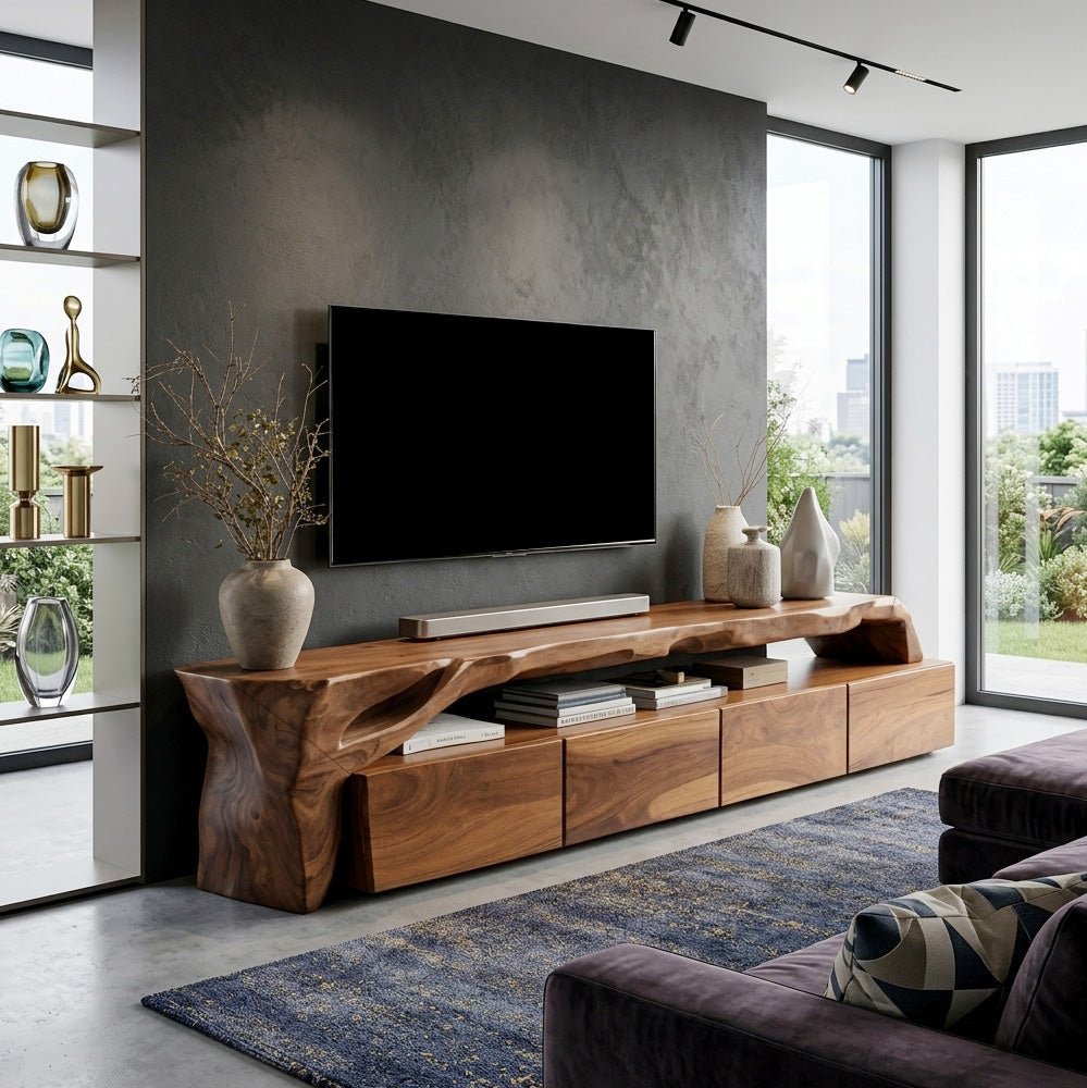 Live Edge Solid Wood TV Stand with Drawers and Open Shelves in Brown finish