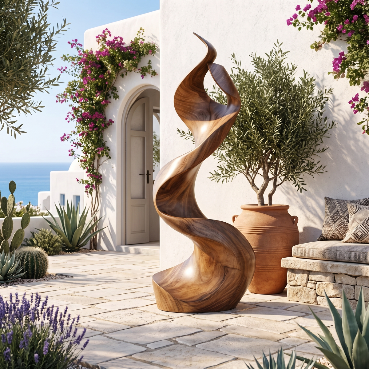 Large Solid Wood Abstract Sculpture with Flame-Inspired Curves in Brown finish
