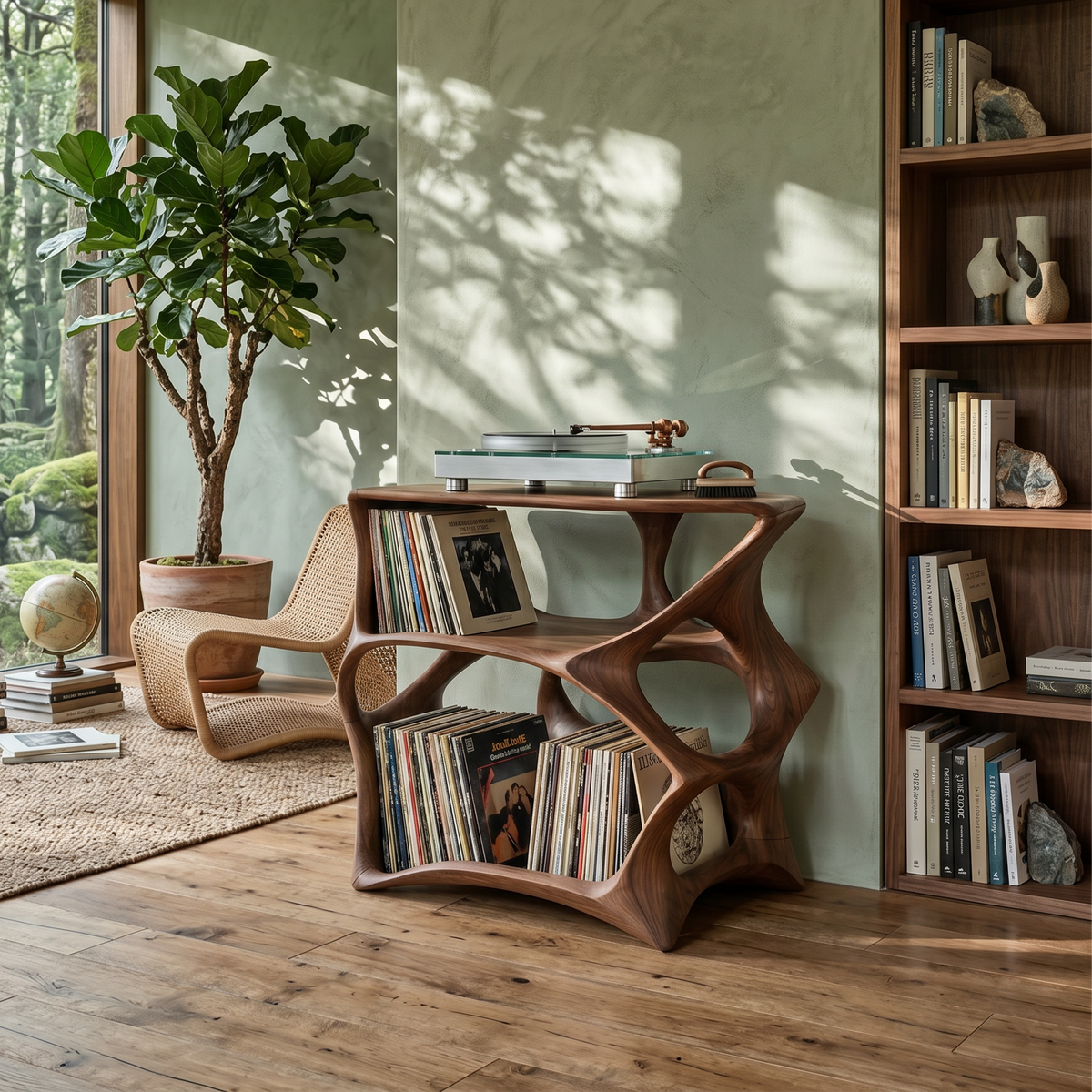Farmhouse Natural Wood Record Stand for Cozy Living Rooms in Brown finish