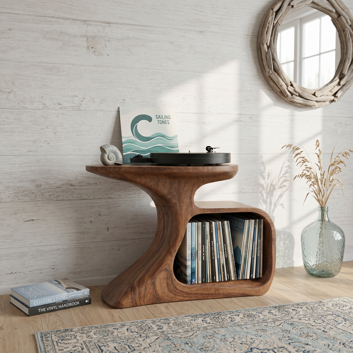 Handcrafted Natural Wood Record Player Stand with Minimalist Frame in Brown finish