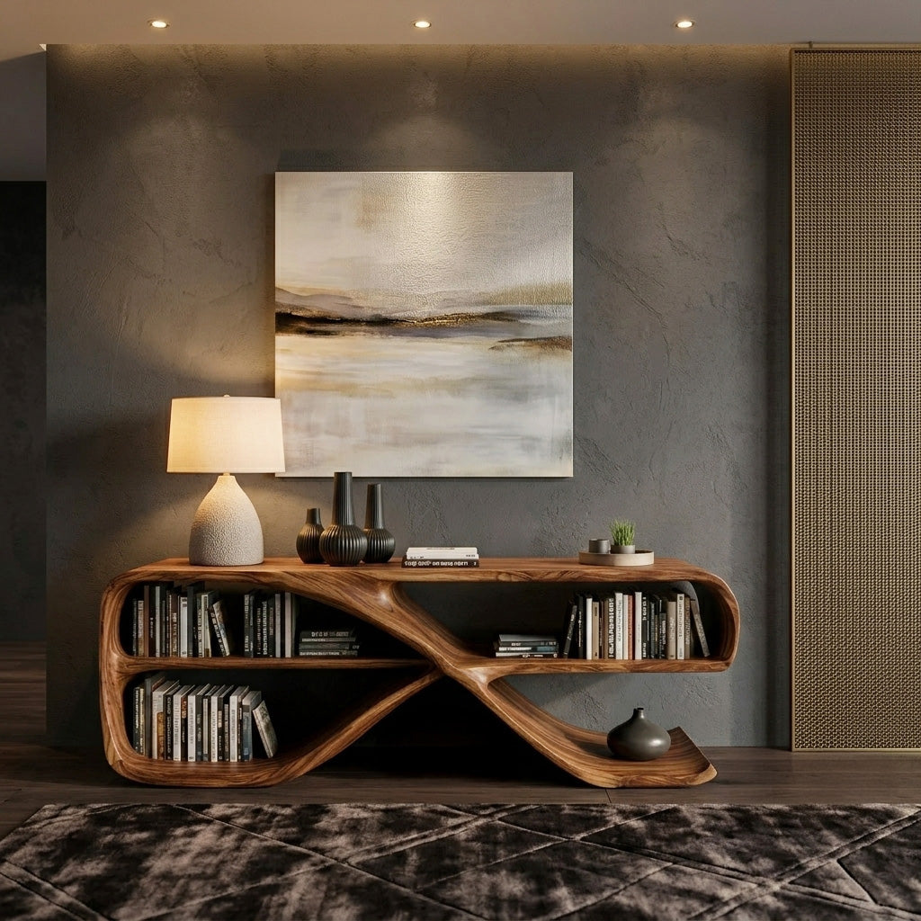 Modern Organic Wave Console Table in Solid Wood with Open Shelves in Brown finish