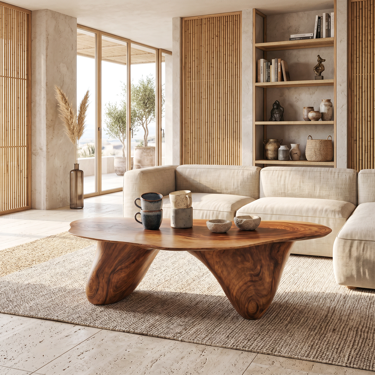 Handcrafted Solid Wood Low Coffee Table with Oil and Wax Finish in Brown finish