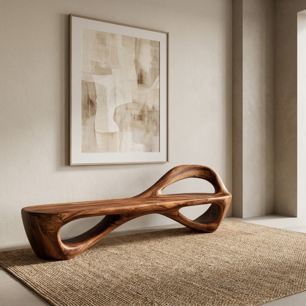 Sculptural Solid Wood Bench with Open Cut-Out Base for Living Room in Brown finish