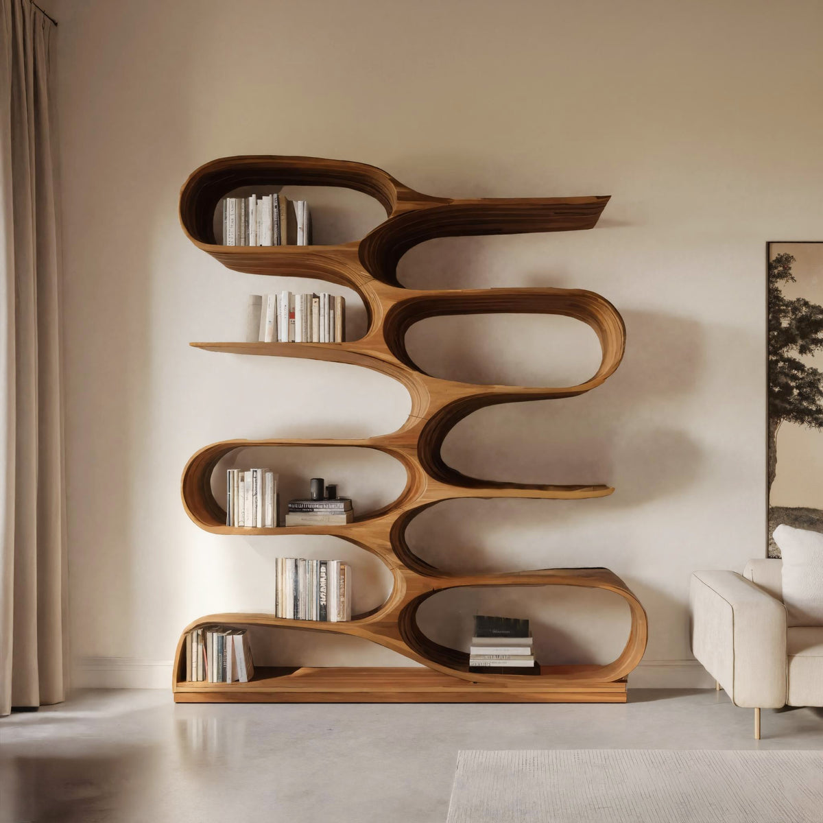 Organic Solid Wood Bookshelf with Wave-Shaped Curved Tiers in Brown finish