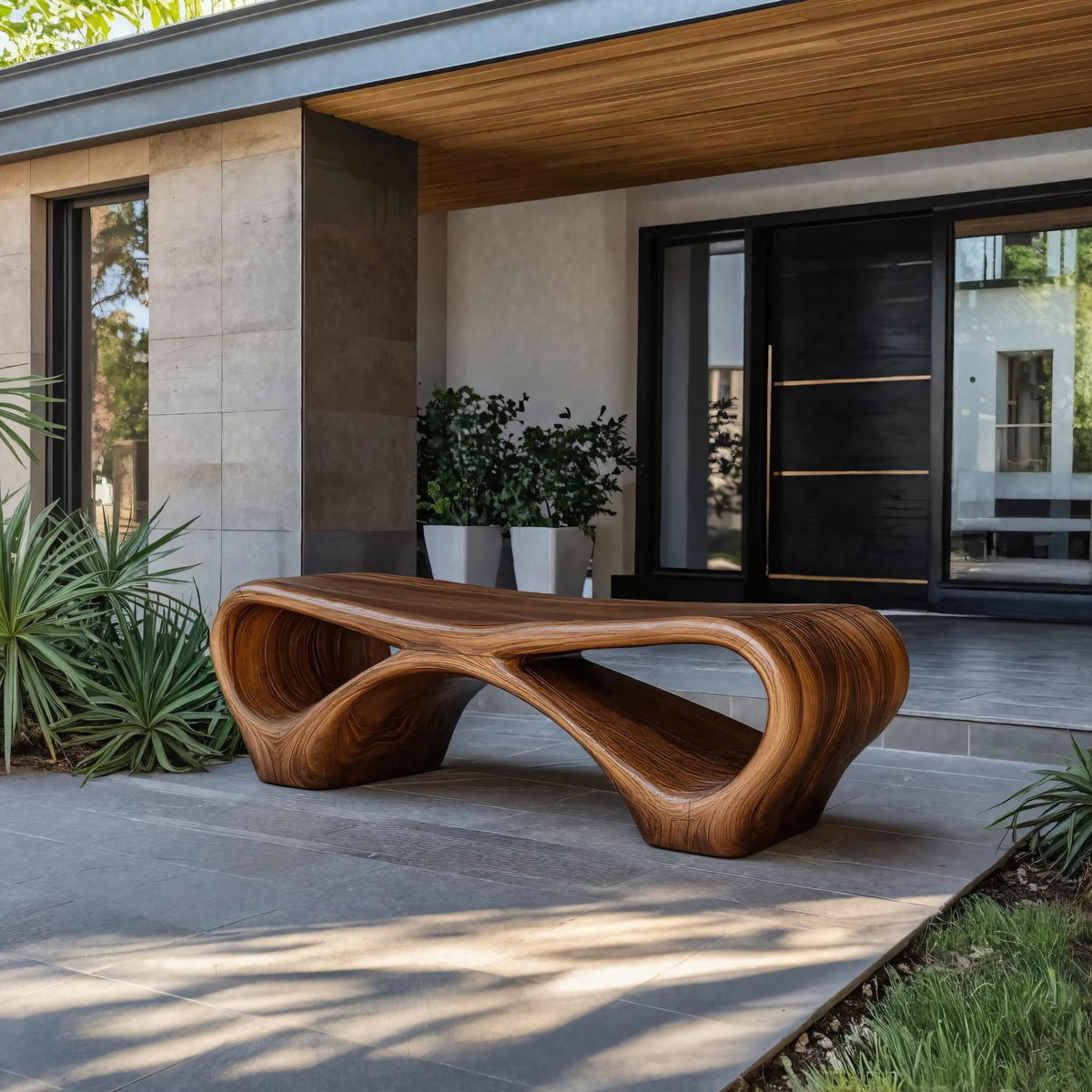 Curved Loop Solid Wood Outdoor Bench for Garden and Patio in Brown finish