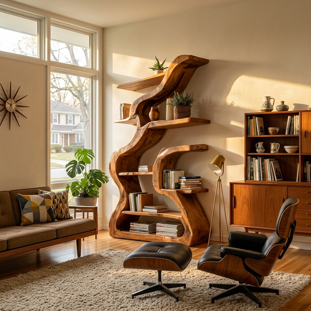 Organic Freestanding Solid Wood Bookshelf with Fluid Curves in Brown finish