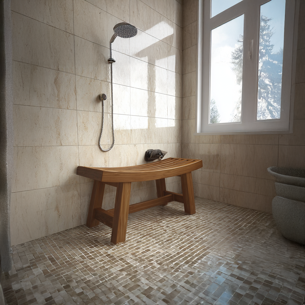 Mid-Century Solid Wood Spa Bench for Bathroom or Entryway in Brown finish
