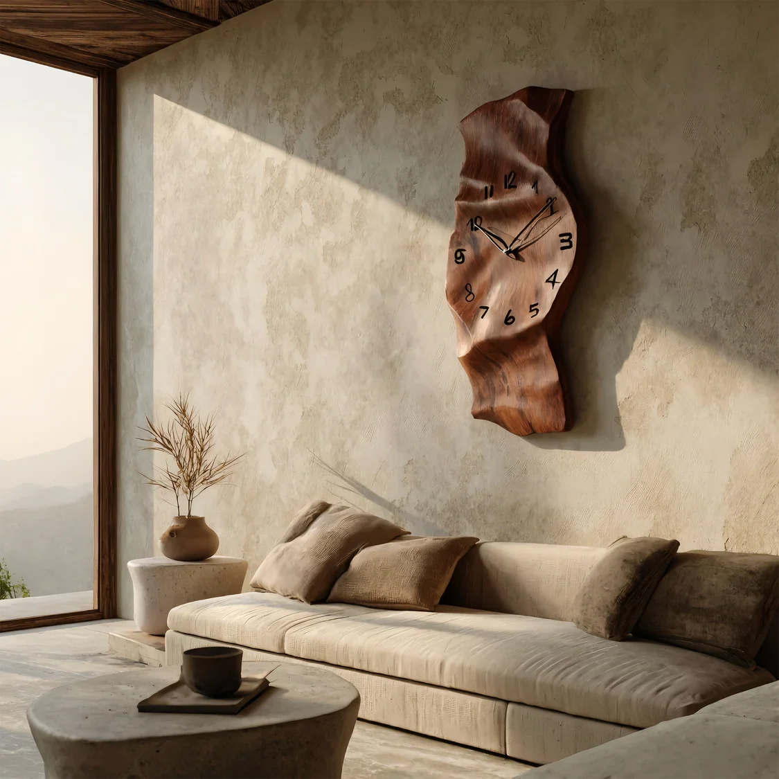 Vertical Solid Wood Sculptural Wall Clock with Organic Curves in Brown finish