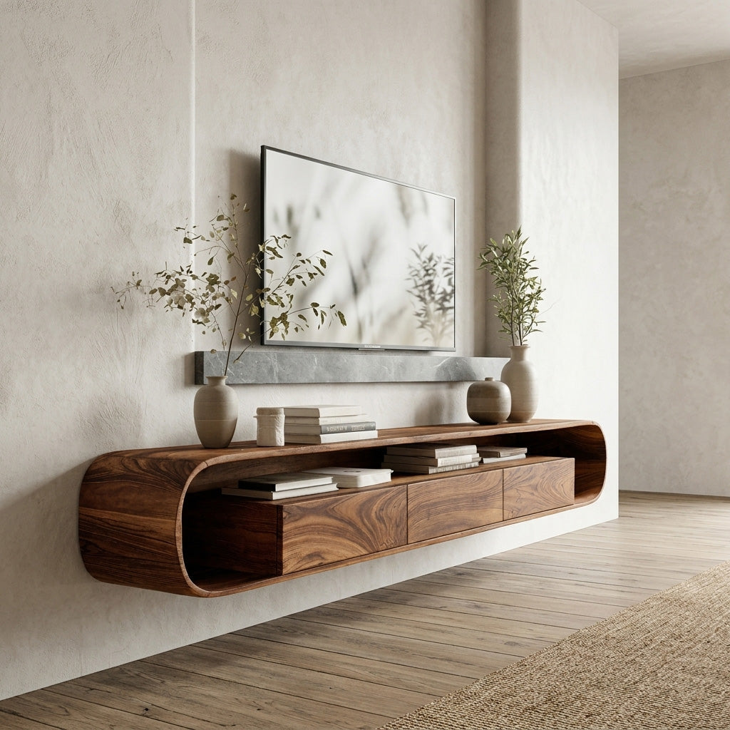 Organic Modern Floating Solid Wood TV Console with Drawers in Brown finish