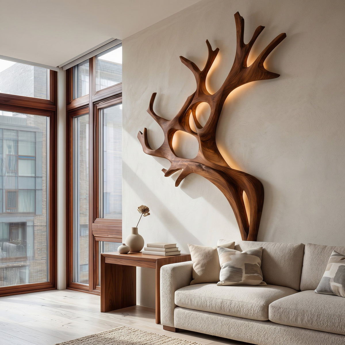 Sculptural Solid Wood Branch Wall Light with Warm Backlighting in Brown finish