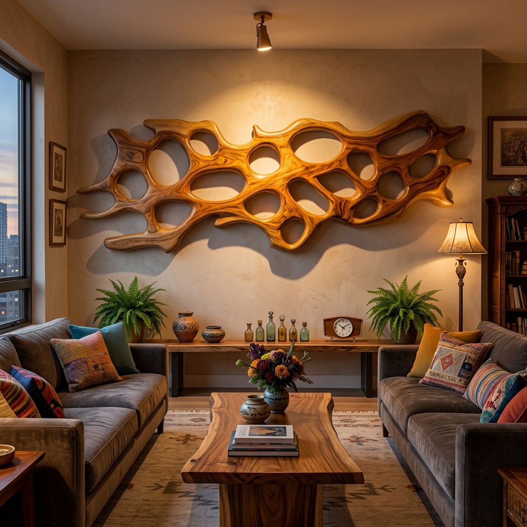 Carved Solid Wood Abstract Wall Sculpture with Organic Openings in Brown finish