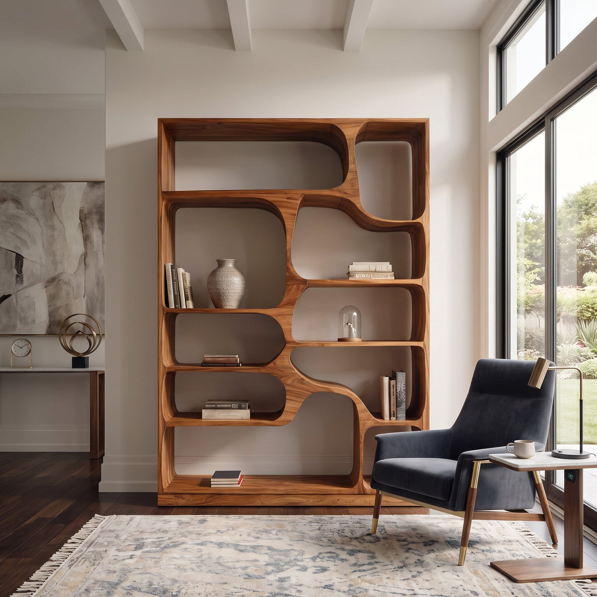 Sculptural Solid Wood Bookcase with Curved Asymmetric Compartments in Brown finish