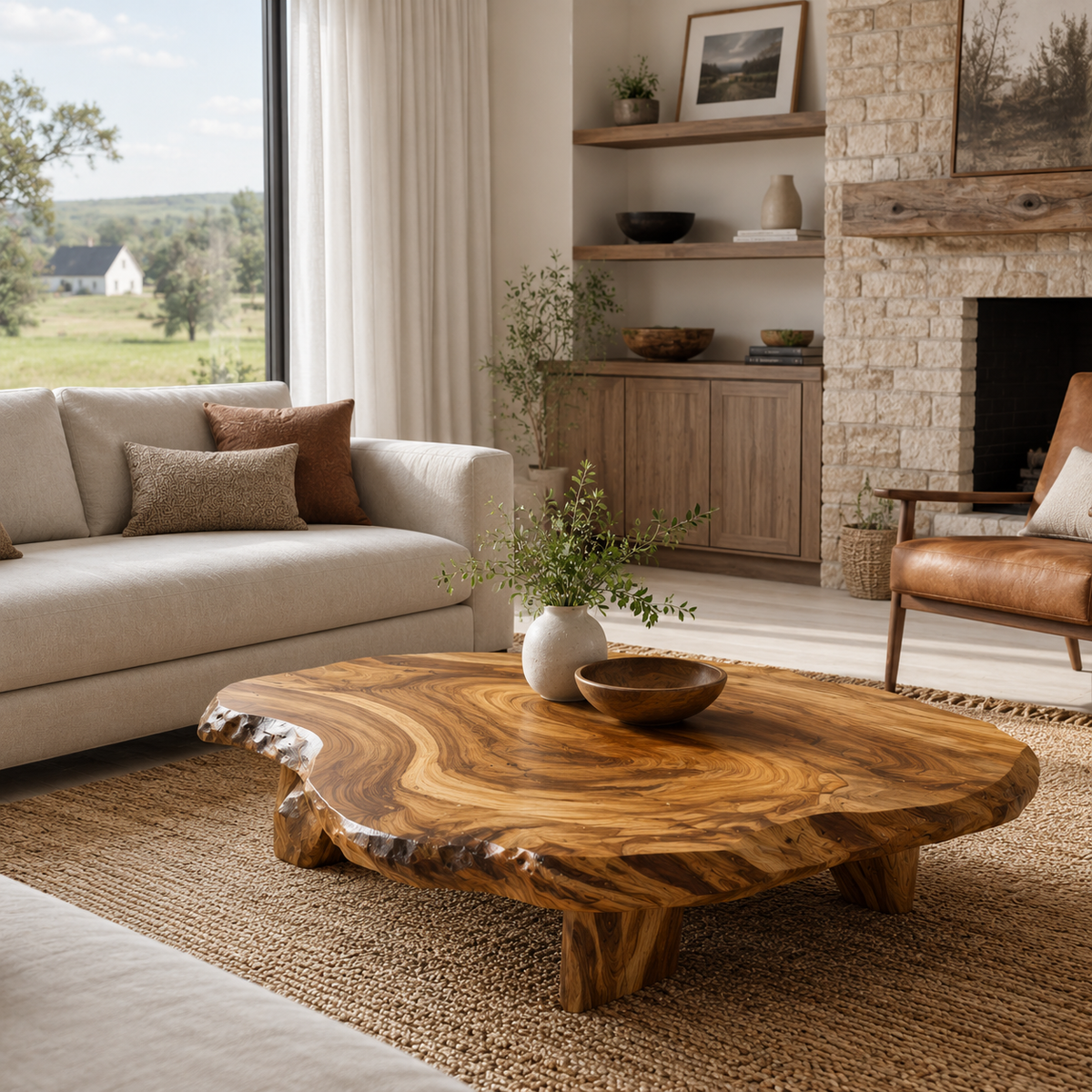 Live Edge Solid Wood Coffee Table with Block Legs in Brown finish