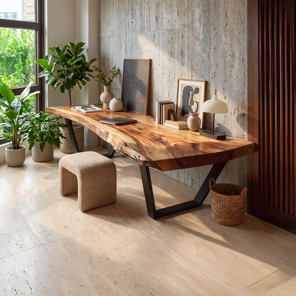 Monkey Pod Solid Wood Desk with Live Edge Top in Brown finish