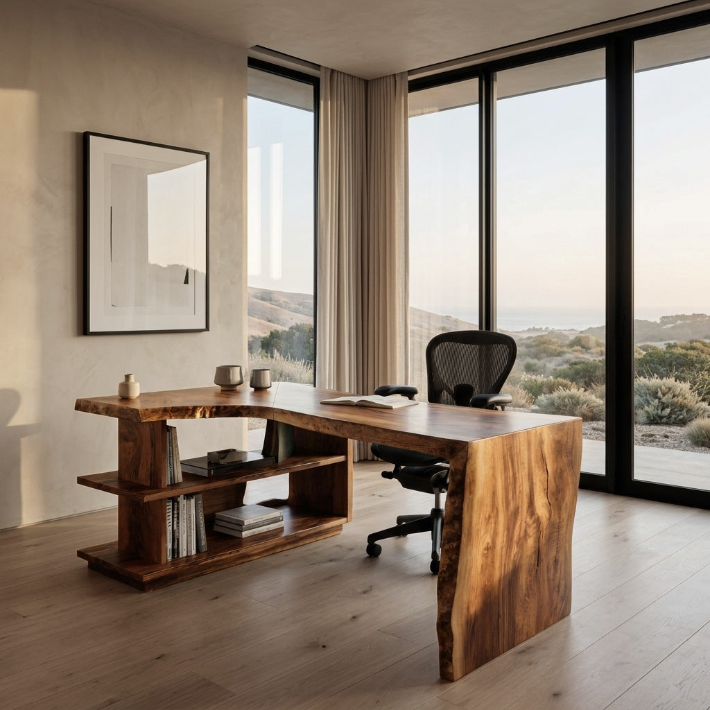 Solid Wood L-Shaped Desk with Built-In Bookshelf and Live Edge in Brown finish