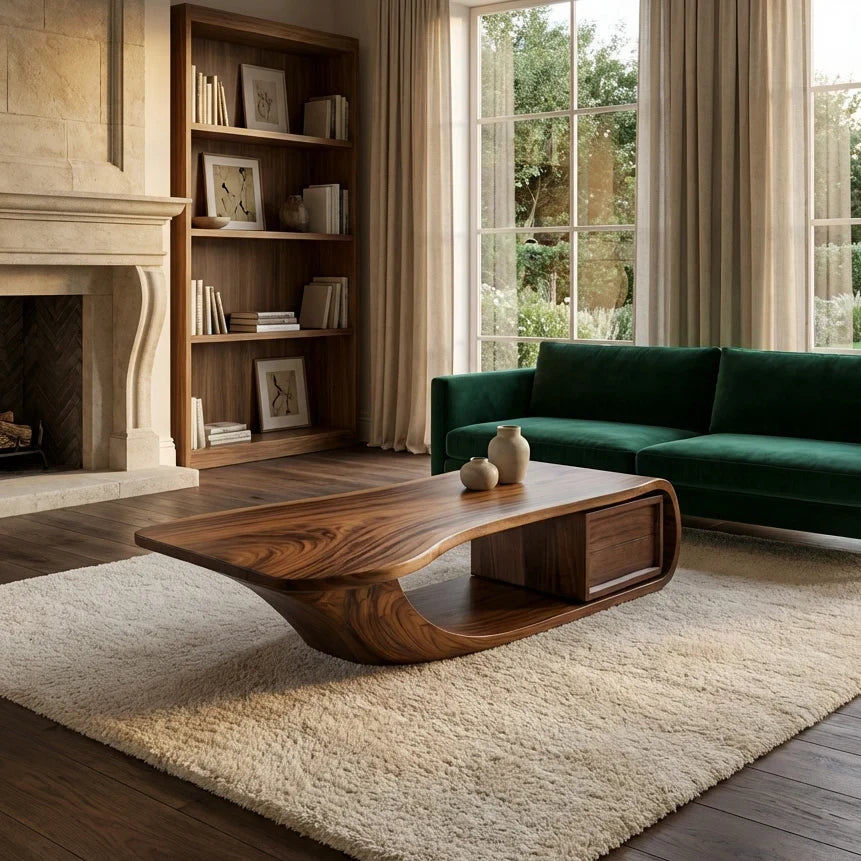 Modern Sculptural Wood Coffee Table with Curved Silhouette in Brown finish