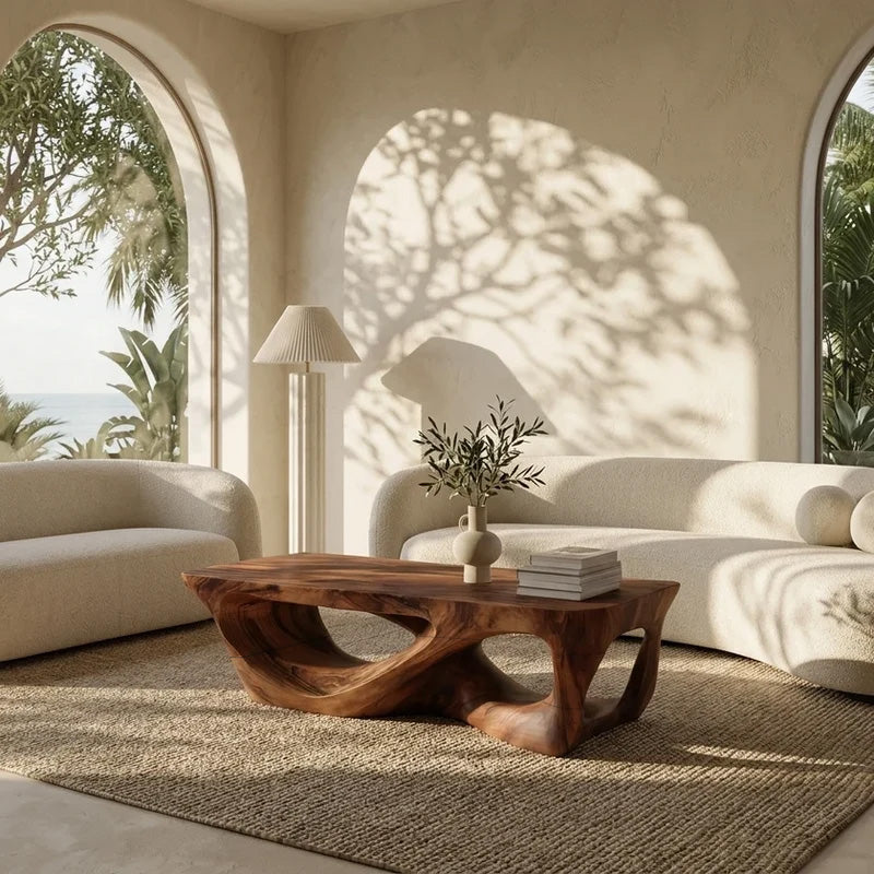 Minimalist Solid Wood Coffee Table with Open Sculpted Base in Brown finish