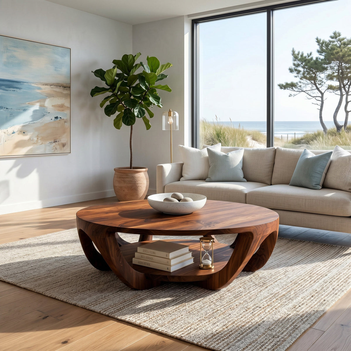 Round Solid Wood Coffee Table with Open Shelf Base in Brown finish