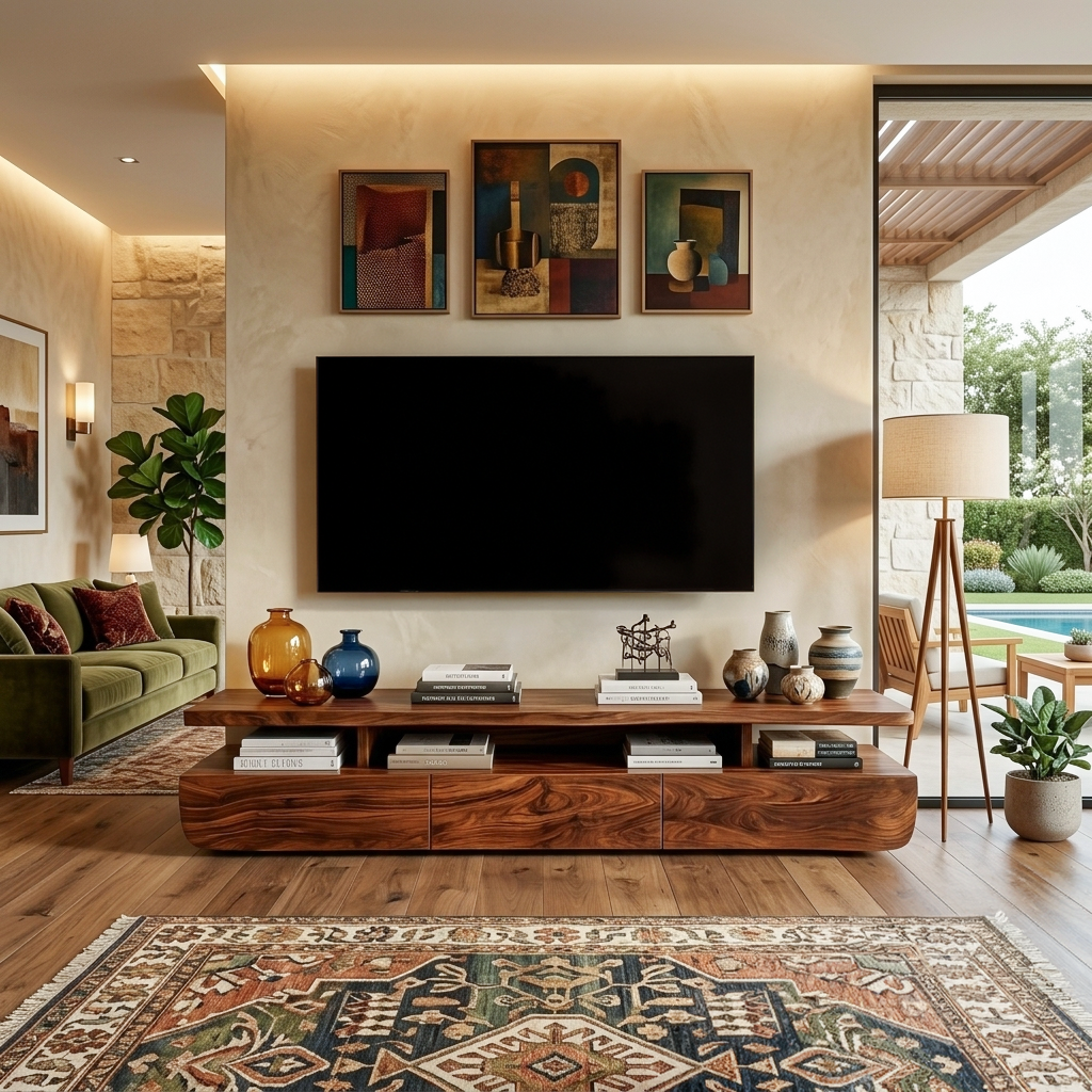 Contemporary Solid Wood TV Cabinet with Storage Drawers and Open Shelf in Brown finish