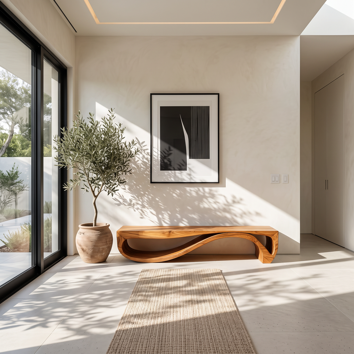 Sculptural Solid Wood Bench with Wave Base for Entryway in Brown finish