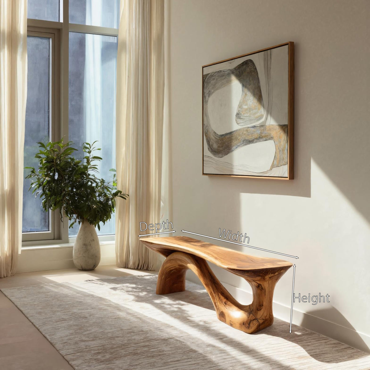 Sculptural Solid Wood Bench with Organic Curves for Living Room - view 7