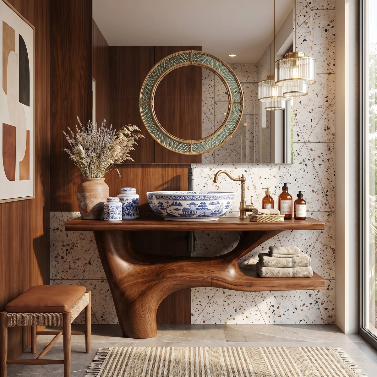 Handcrafted Solid Wood Bathroom Vanity in Natural Rustic Style in Brown finish