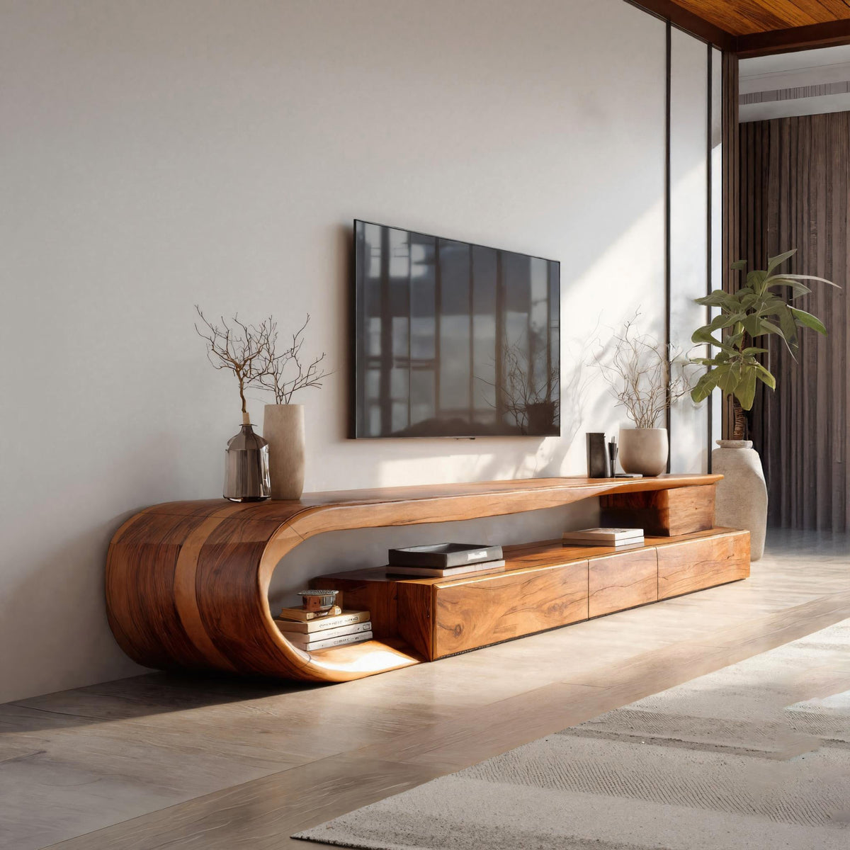 Modern Curved Solid Wood TV Console with Drawers and Open Shelf in Brown finish