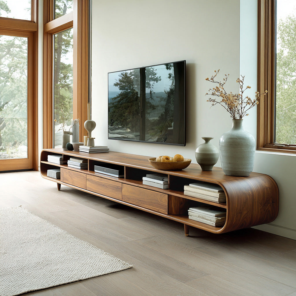 Mid-Century Solid Wood TV Cabinet with Drawers and Open Shelves in Brown finish