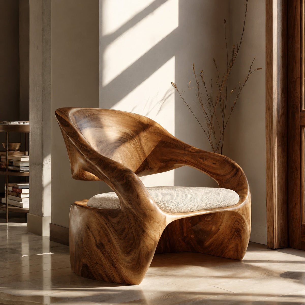 Organic Sculptural Solid Wood Lounge Chair with Wide Seat in Brown finish