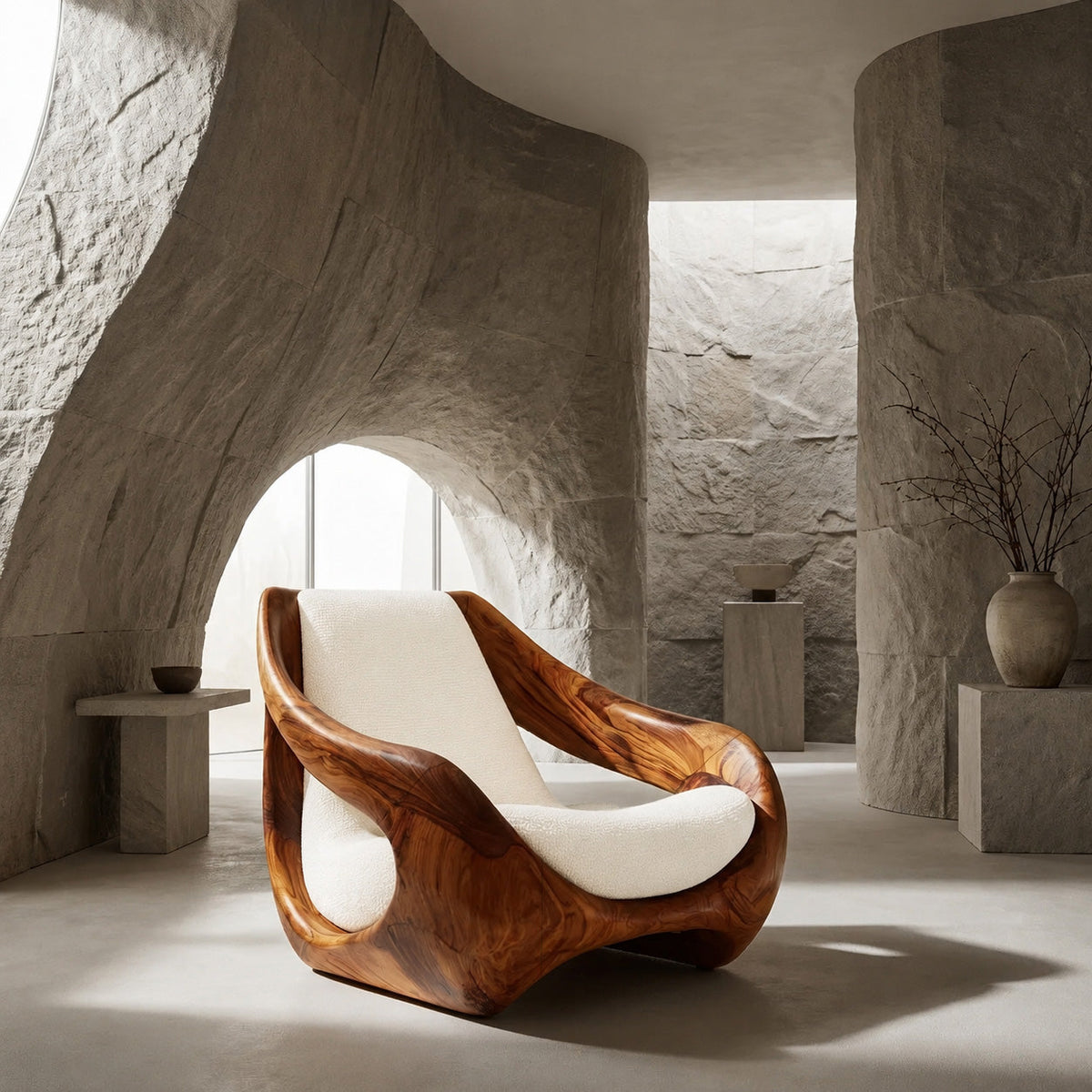 Sculptural Solid Wood Accent Chair with Carved Organic Curves in Brown finish