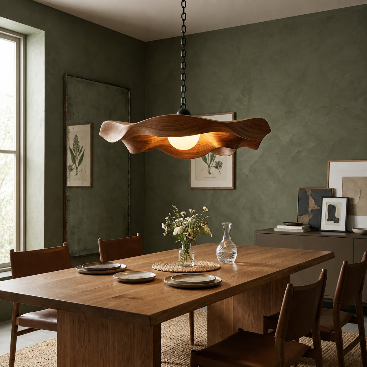 Modern Sculptural Solid Wood Pendant Light with Flowing Contours in Brown finish
