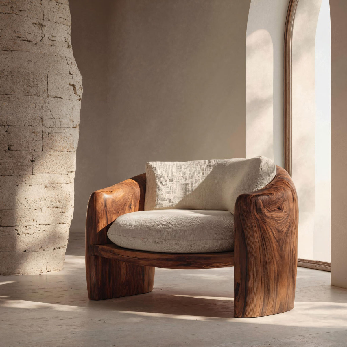 Modern Organic Wood Lounge Chair with Sculpted Frame and Cushions in Brown finish