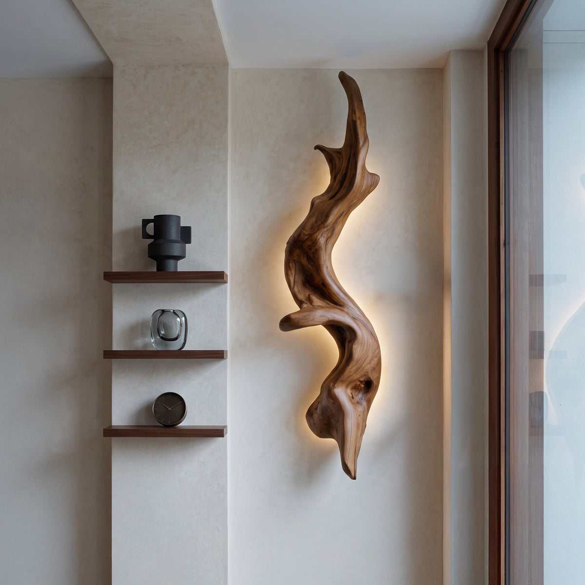 Rustic Organic Solid Wood Wall Lamp Sculpture with Ambient Glow in Brown finish