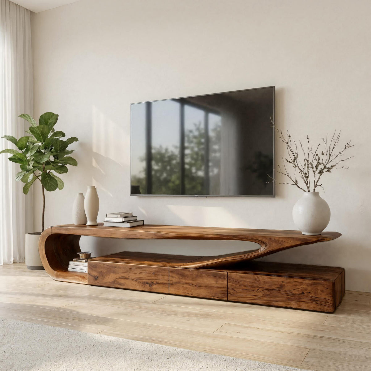 Minimalist Solid Wood TV Console with Drawers and Curved Frame in Brown finish