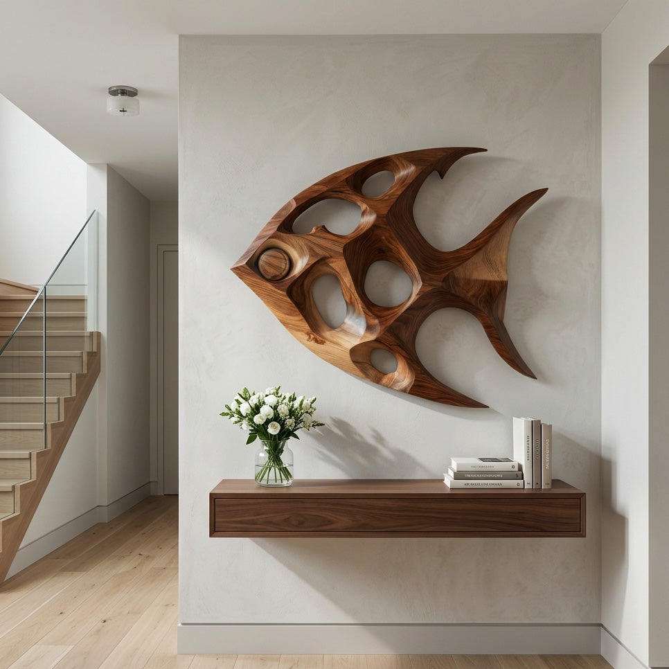 Fish Inspired Sculptural Solid Wood Wall Art with Open Voids in Brown finish