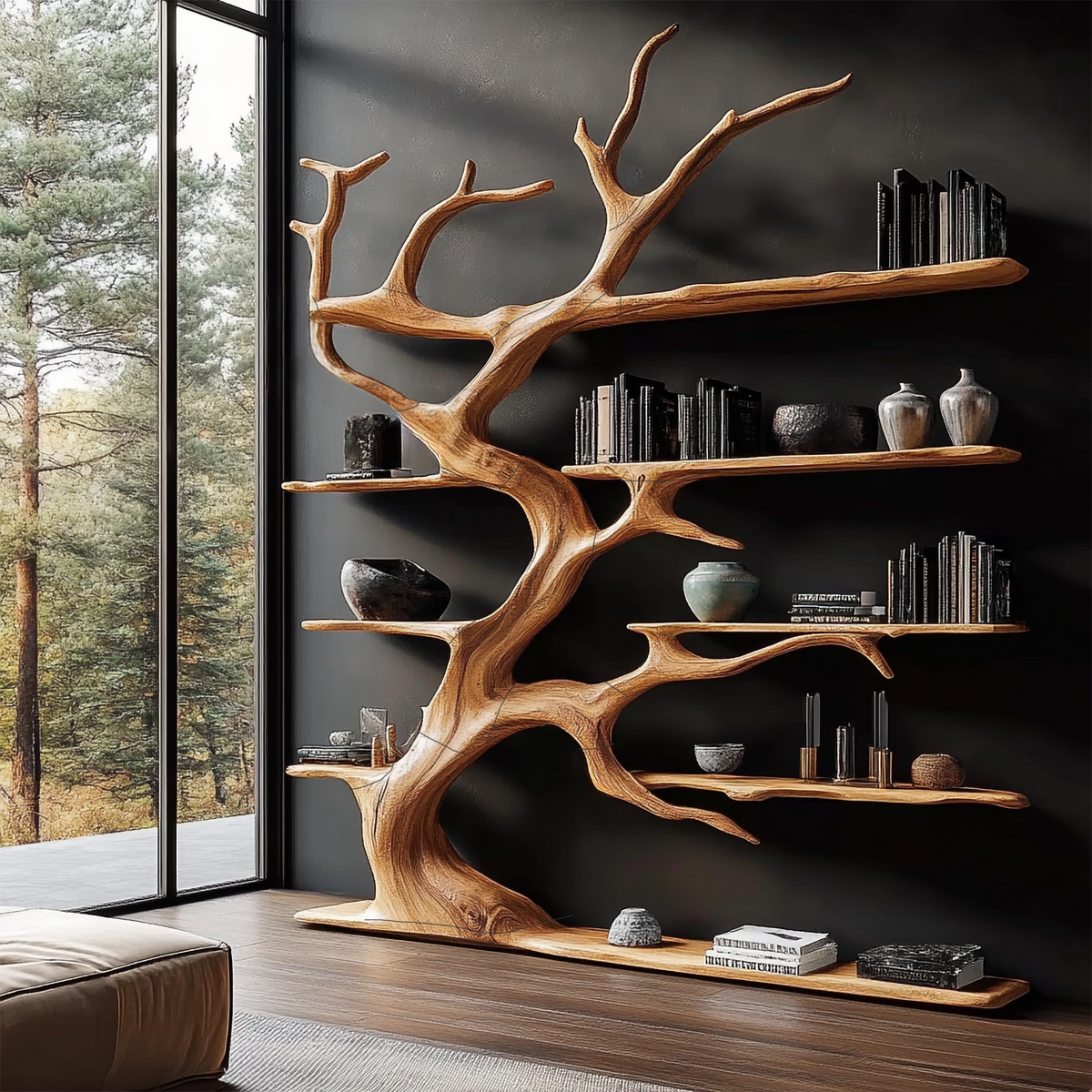 Rustic Tree Branch Bookshelf for Living Room Display in Brown finish