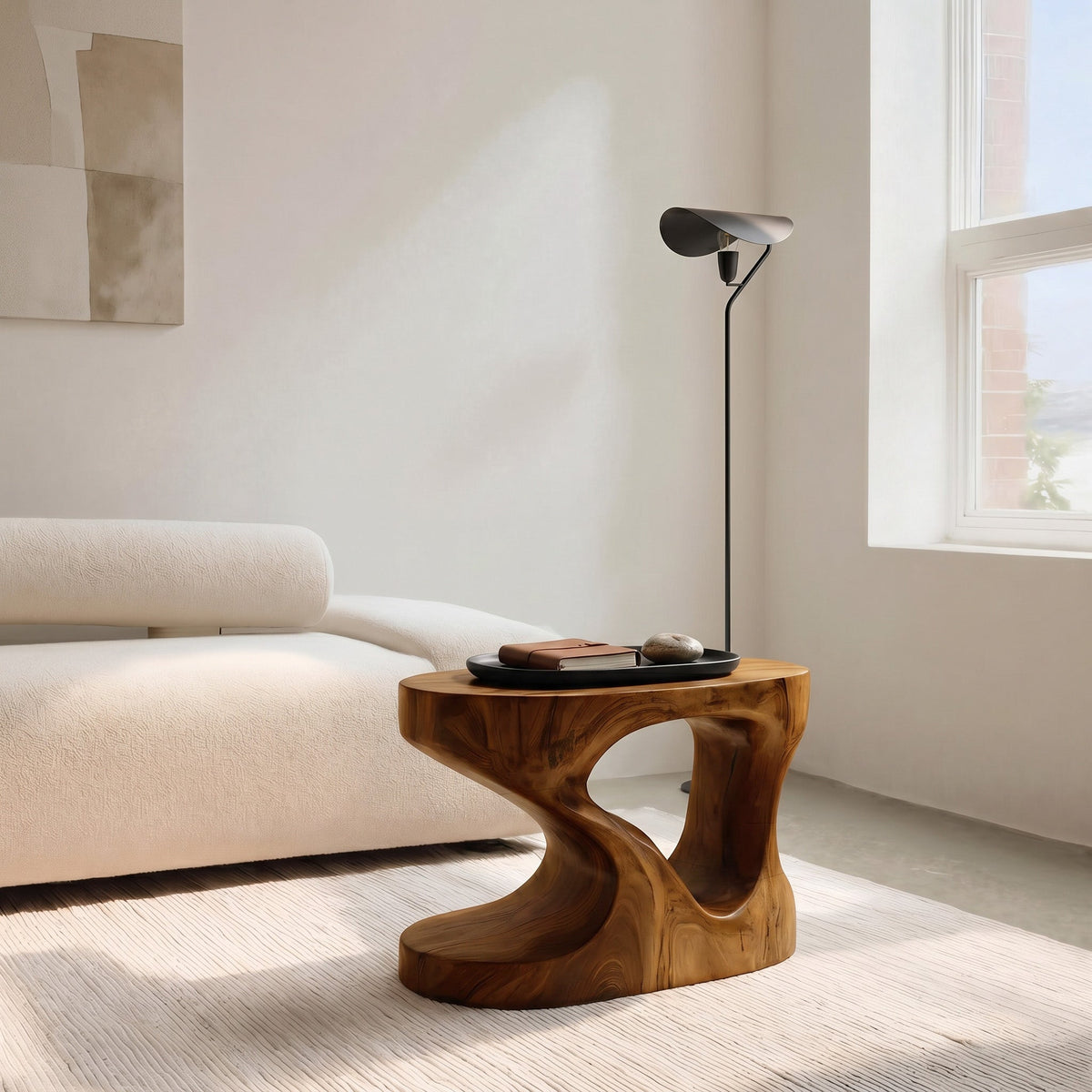 Organic Solid Wood Side Table with Open Cut-Out Center in Brown finish