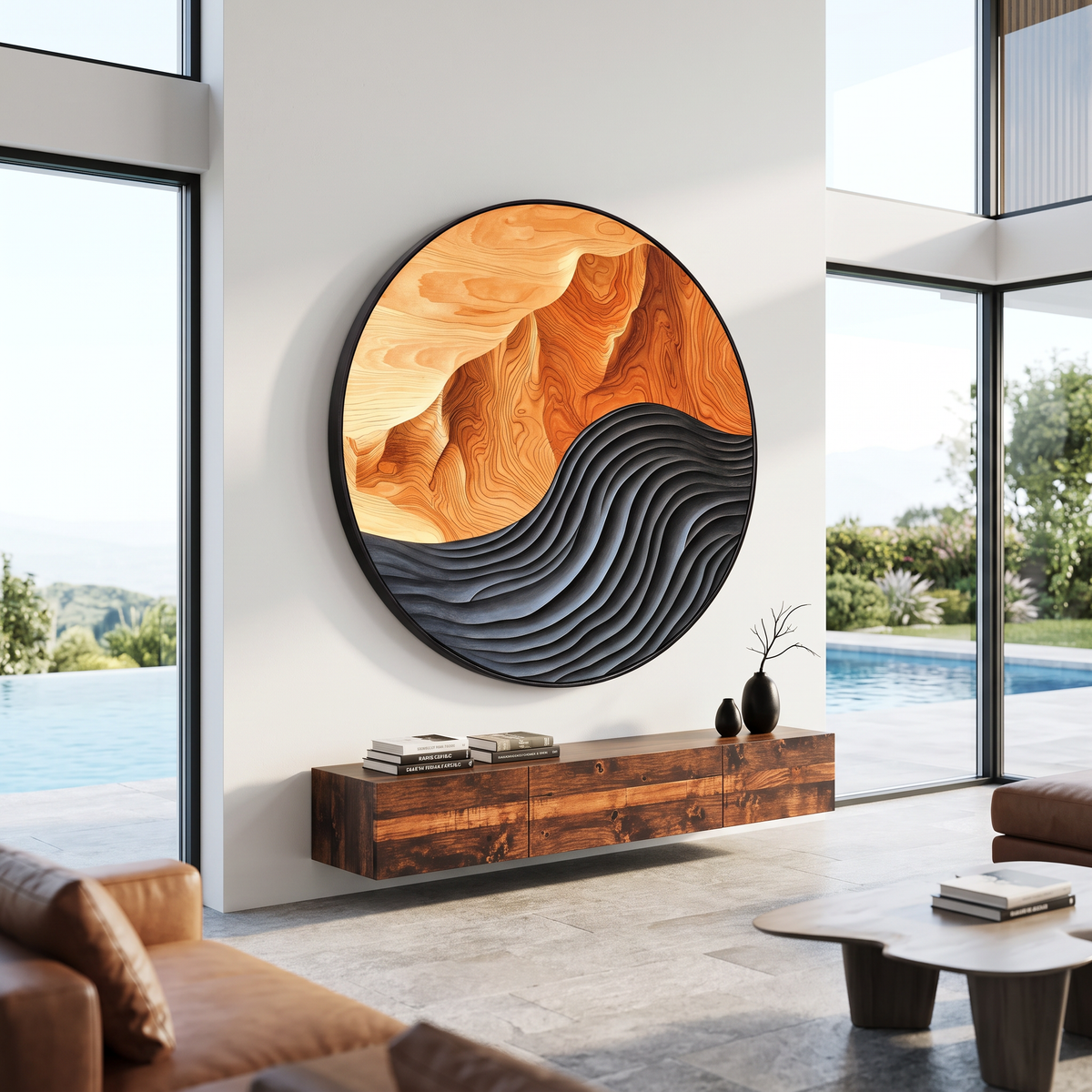 Hand-Carved Solid Hardwood Wave Wall Sculpture, Mid-Century Style - view 5