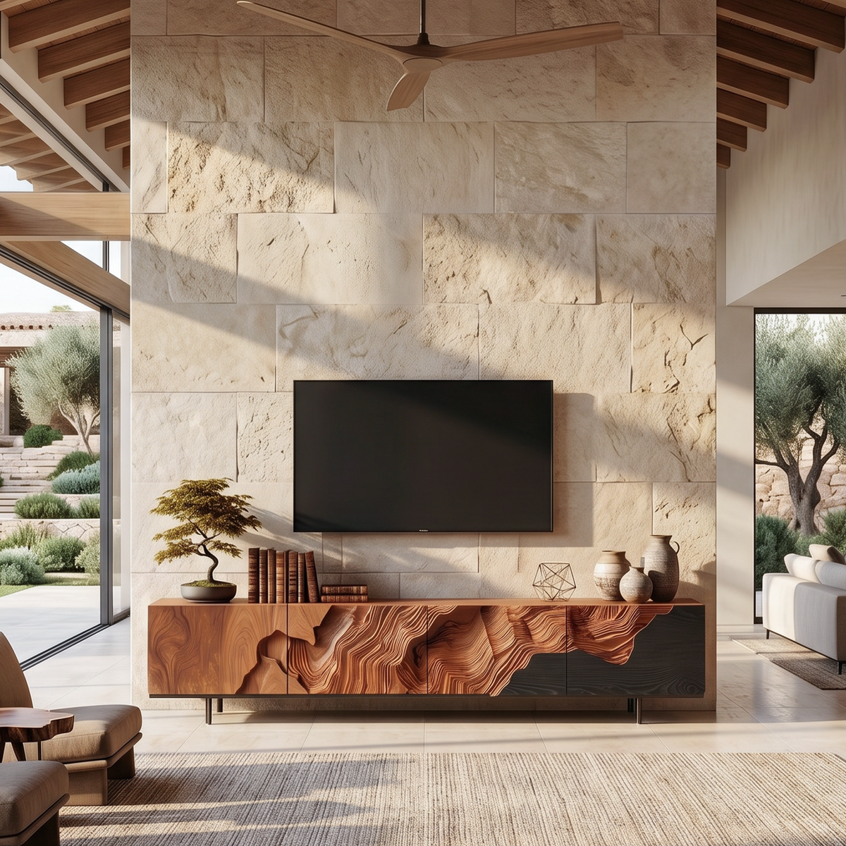 Rustic Solid Wood TV Console Stand with Open Shelving in Brown finish