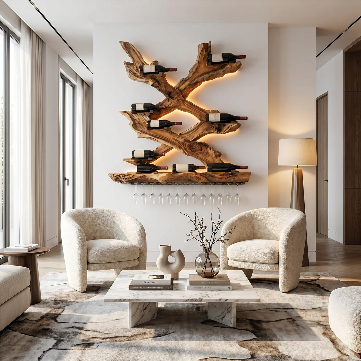 Monkeypod Wood Wall Wine Rack with Mid-Century Rustic Style in Brown finish