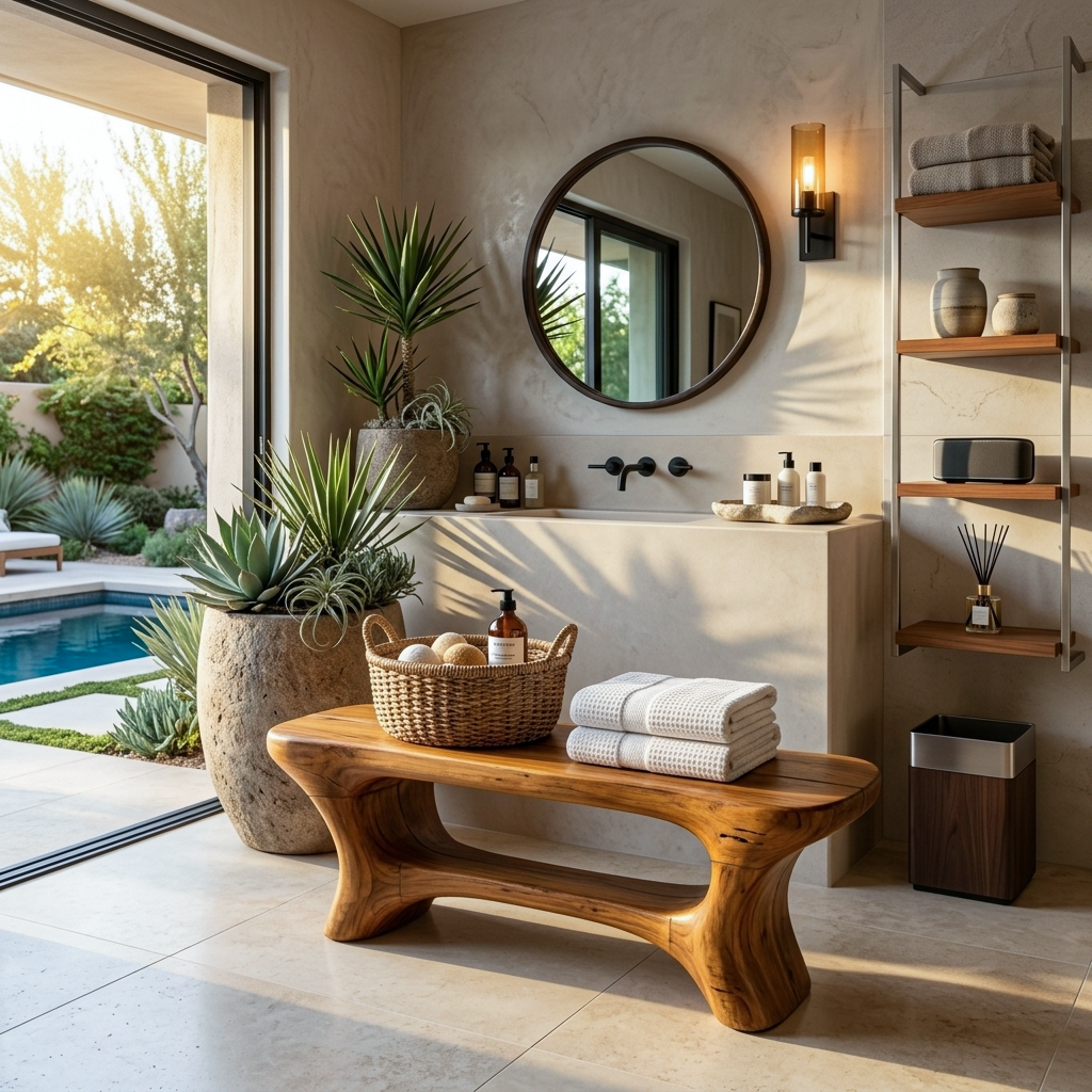 Sculpted Solid Wood Bathroom Bench with Center Shelf in Brown finish