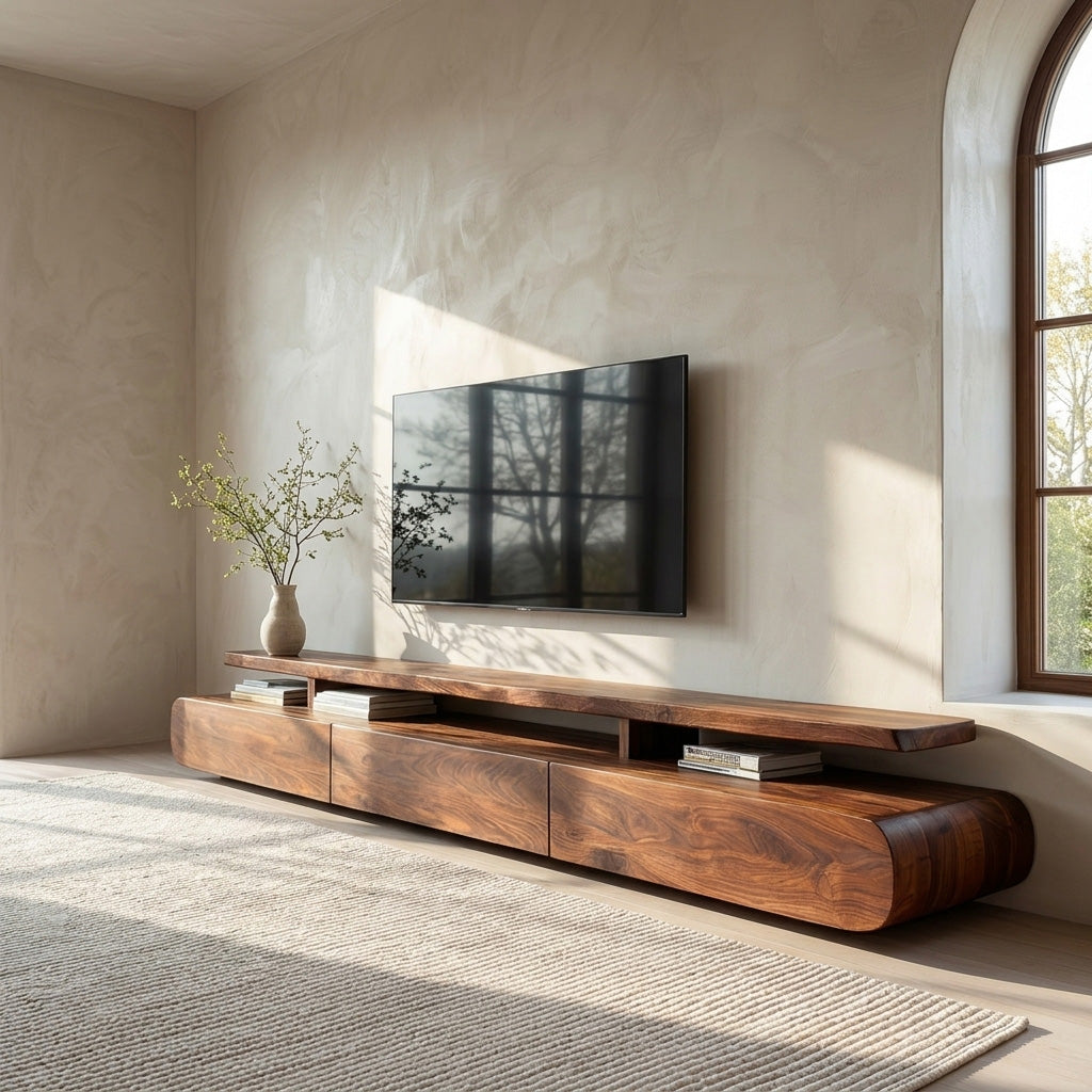Low Profile Solid Wood TV Stand with Rounded Edges in Brown finish