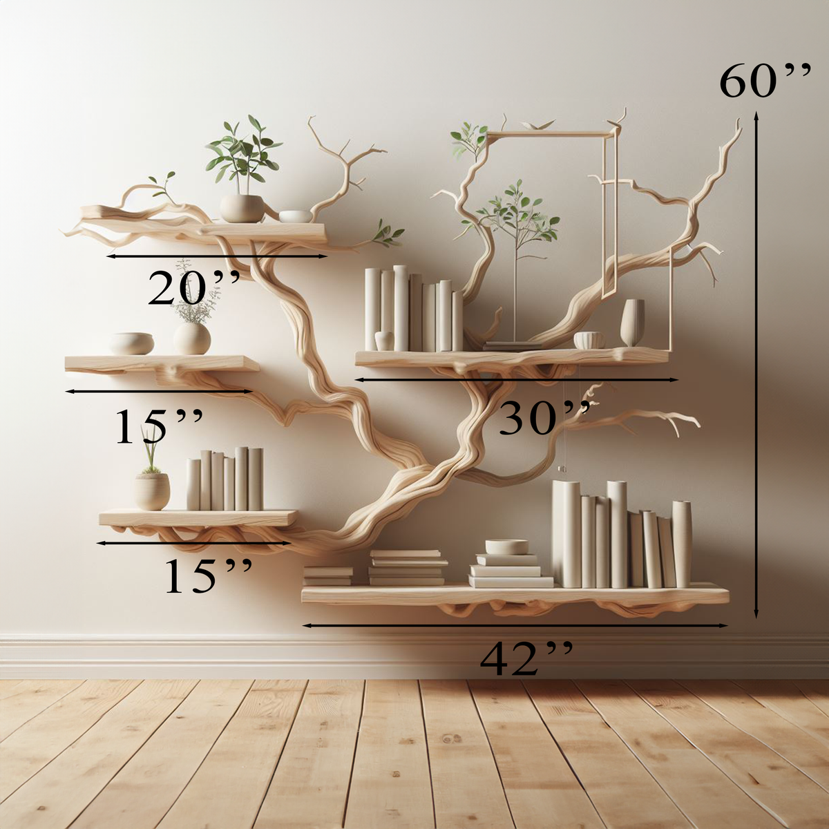 White Tree Branch Floating Bookshelf in Carved Solid Wood - view 2