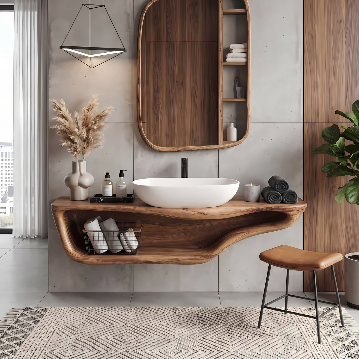 Live Edge Wood Vanity Countertop Shelf for Custom Bathrooms in Brown finish