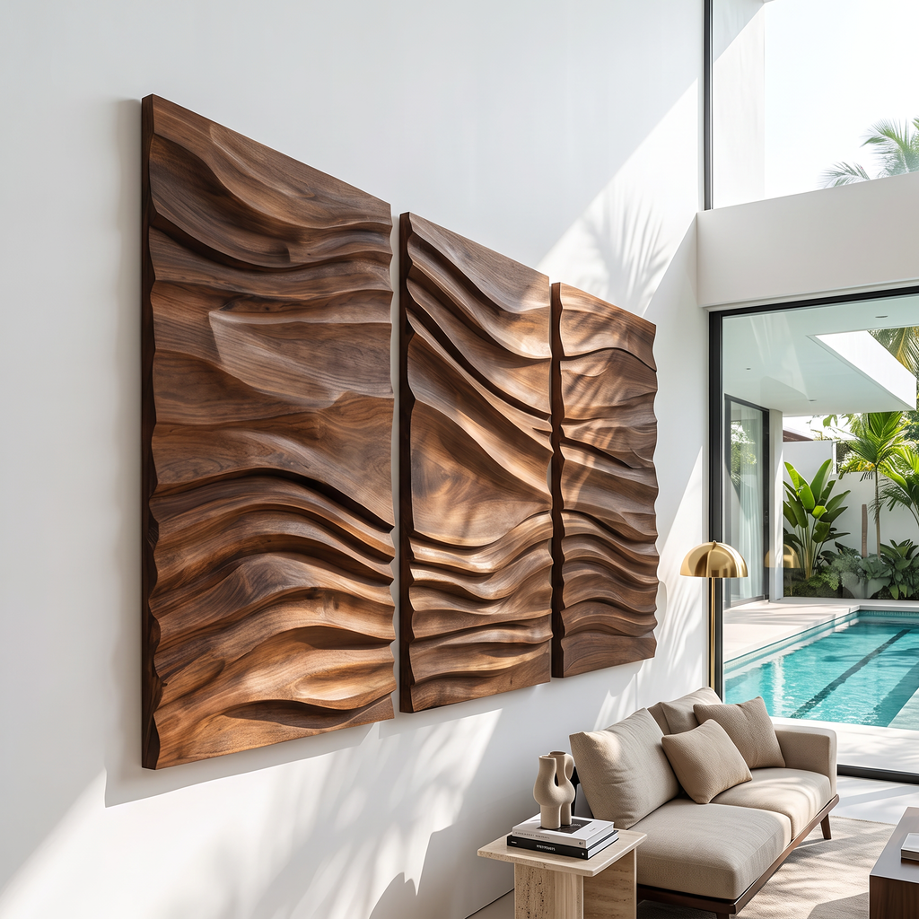 Hand-Carved Hardwood Wave Wall Sculpture for Entryway - view 5
