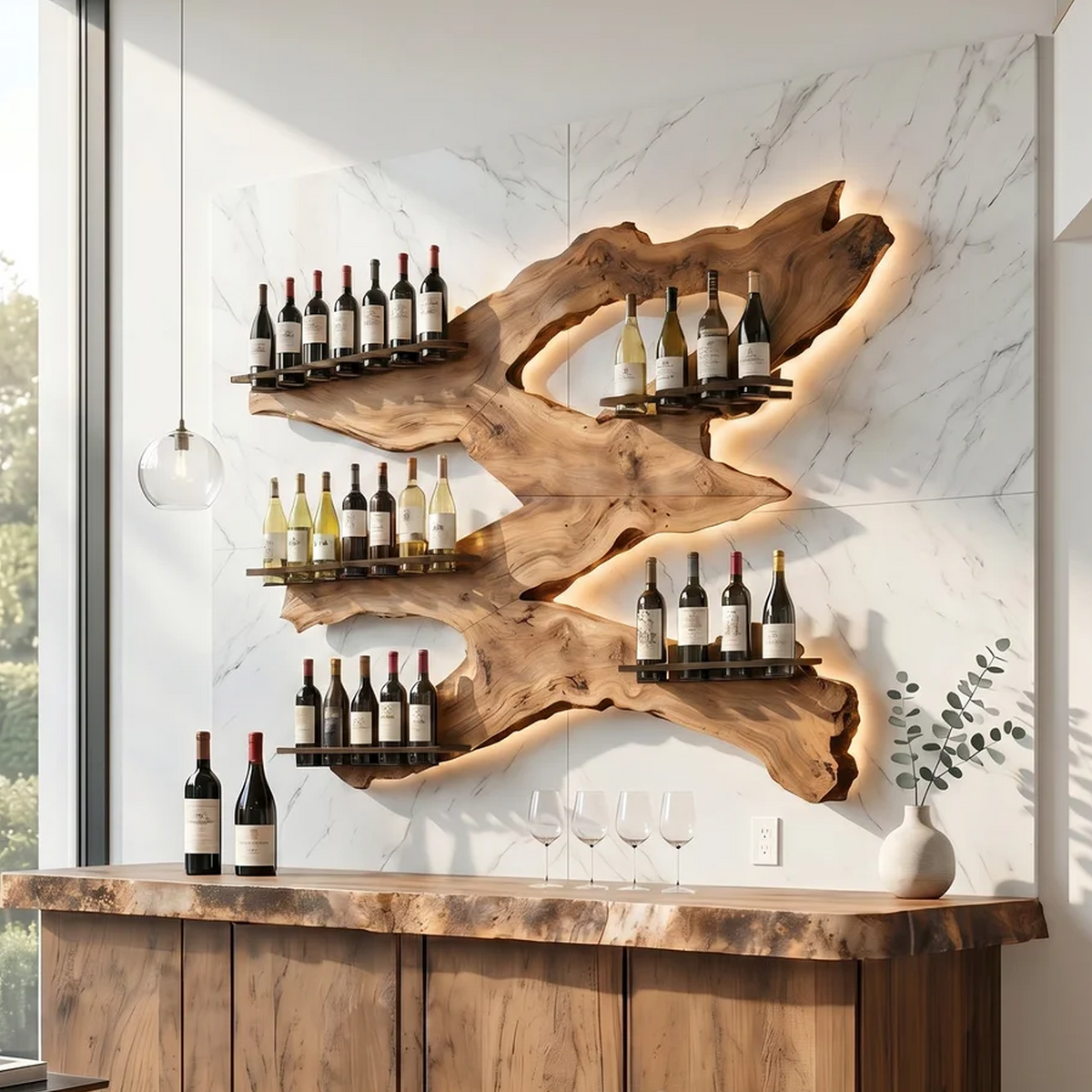 Handcrafted Monkeypod Wine Wall Rack for Kitchen and Home Bar in Brown finish