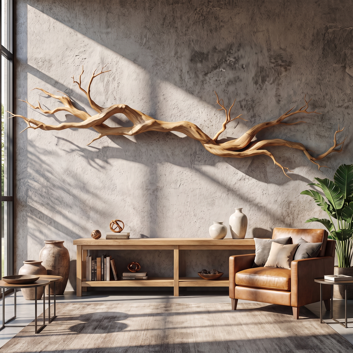 Natural Tree Root Solid Wood Wall Sculpture with Vine Form in Oak finish