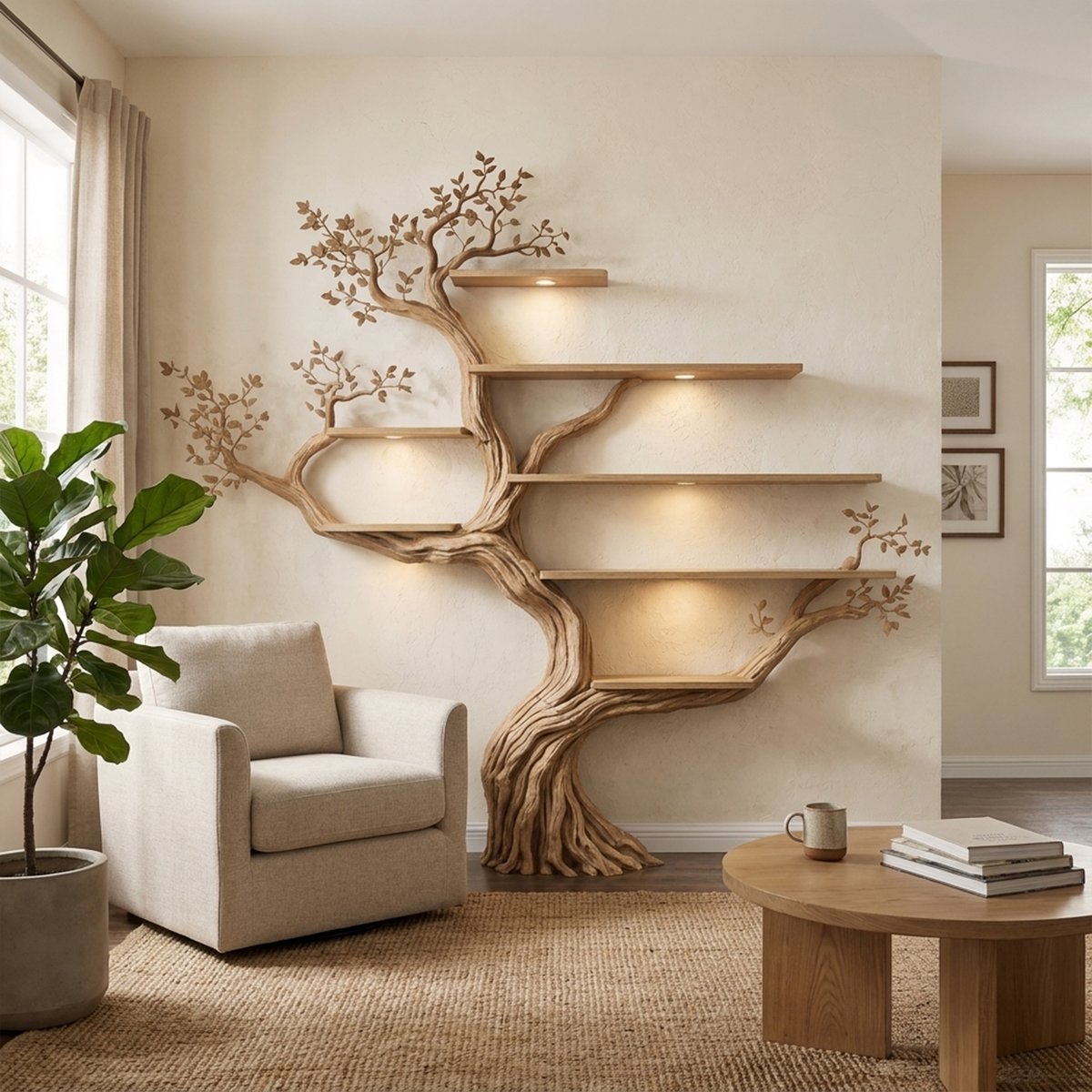 Modern Organic Tree Branch Bookshelf, Flowing Wall Feature in Oak finish