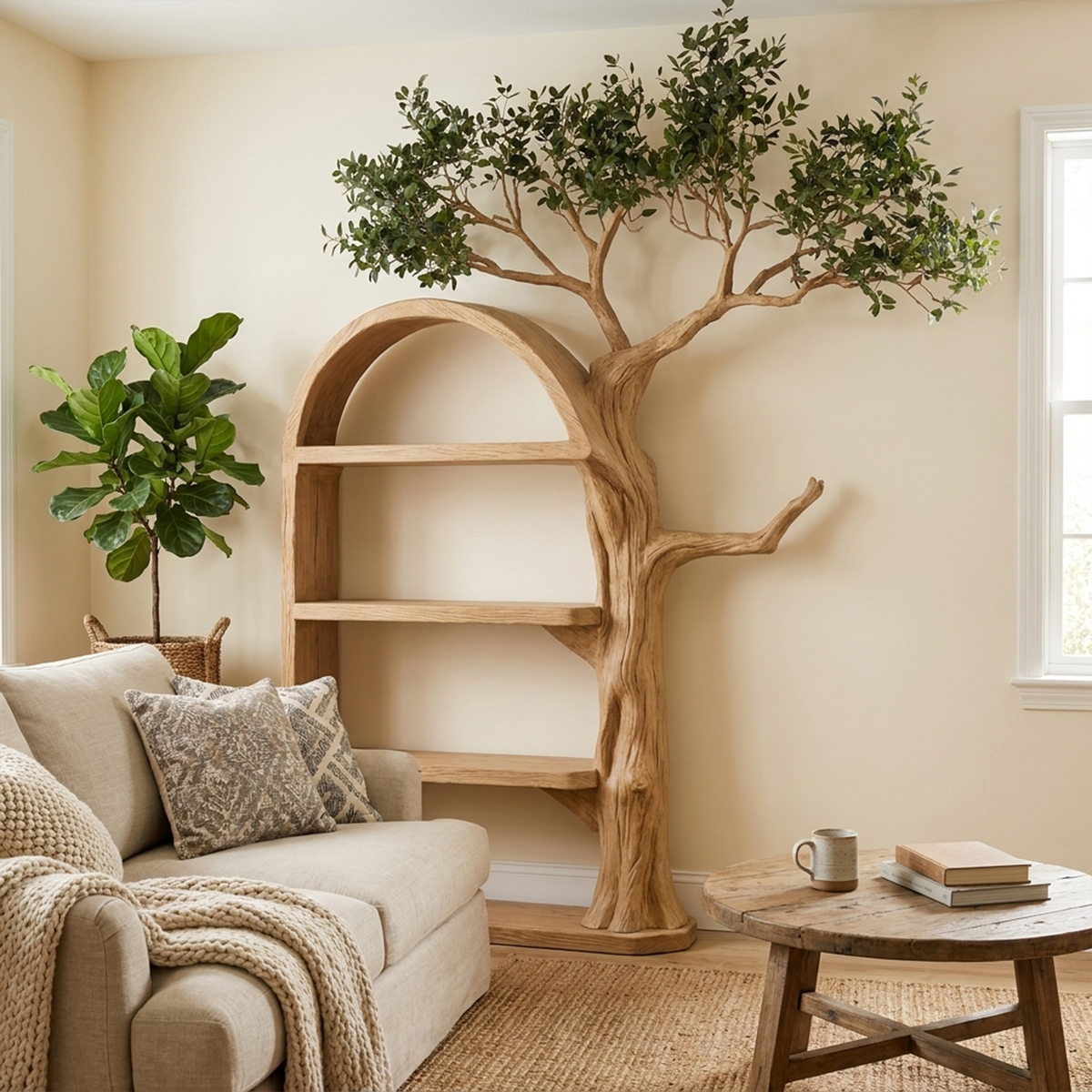 Rustic Tree Branch Wall Bookshelf with Hidden Brackets in Oak finish