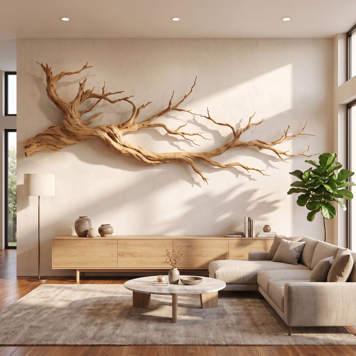 Abstract Tree Root Solid Wood Wall Sculpture, 3D Wall Art in Oak finish